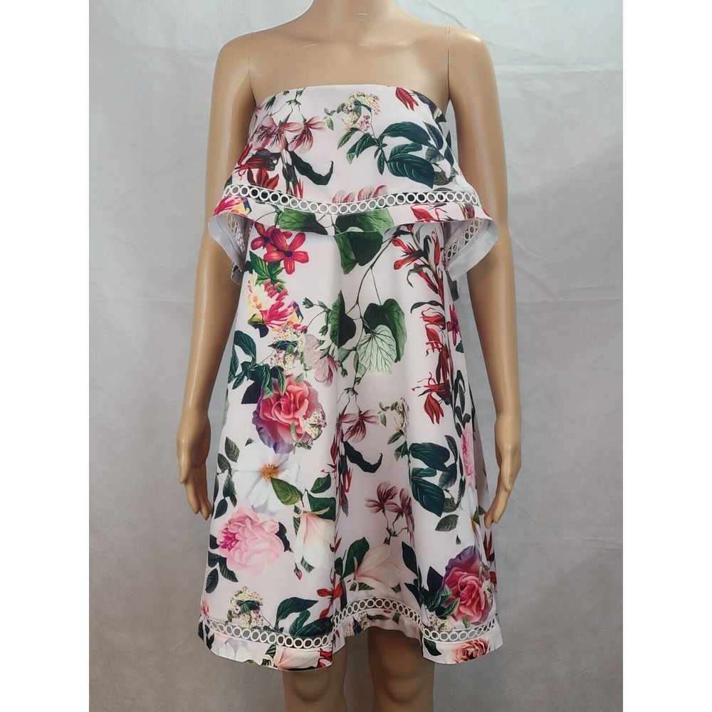 New ASOS Maternity (8) White with Pink & Red Floral Strapless Ruffle Mini Dress